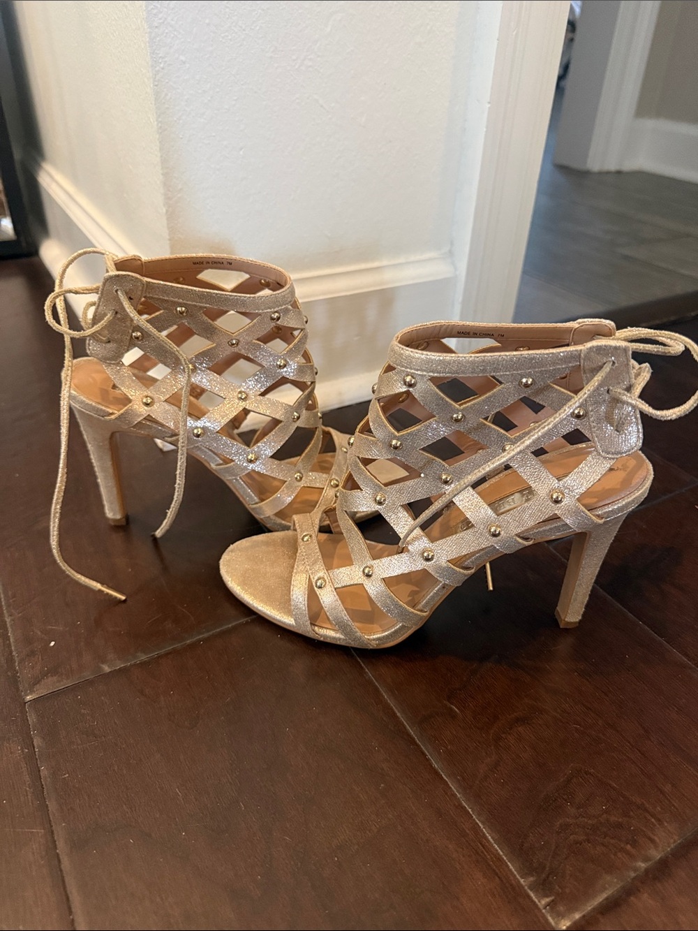 Audrey Brooke Glitter Lattice Lace-Up Heels in Champagne Gold